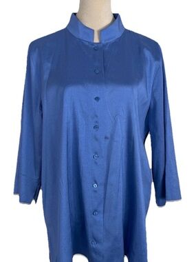 Eileen Fisher Periwinkle Blue Mandarin Collar Button-Front Silk Blouse